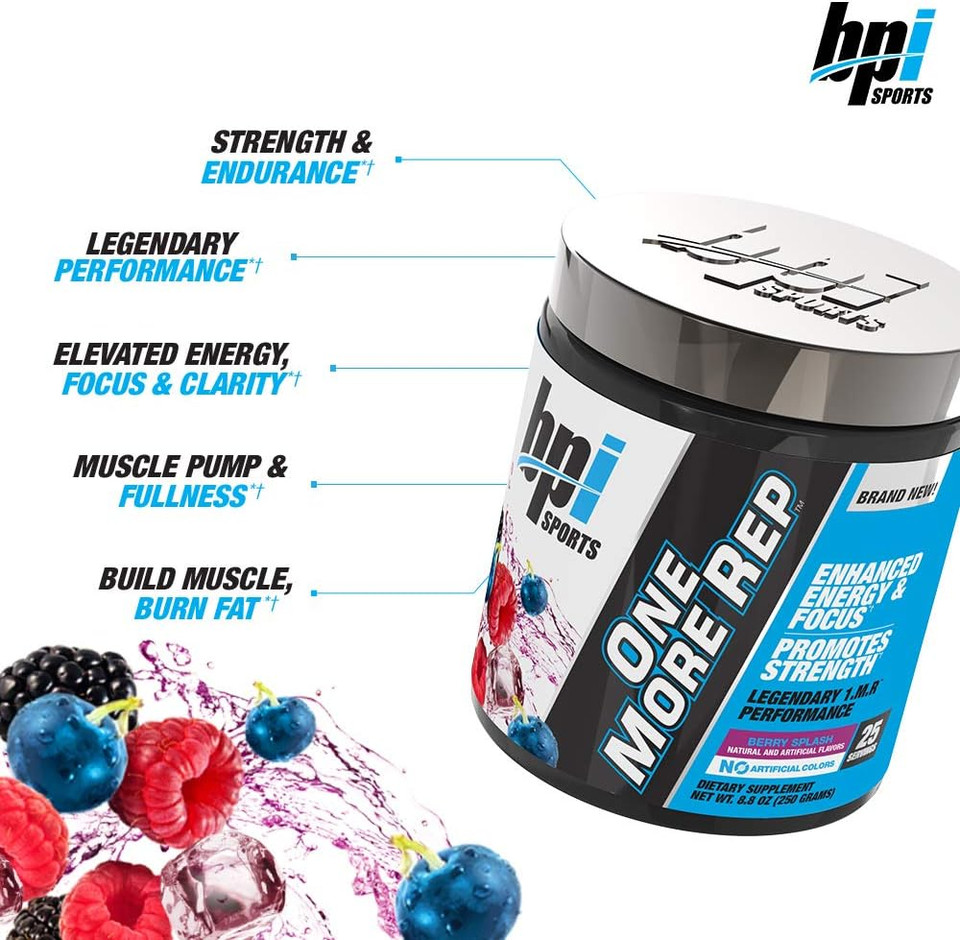 Bpi Sports One More Rep Pre-Workout Powder - Increase Energy And Stamina - Intense Strength - Recover Faster - Beetroot - Carnitine - Citrulline - Berry Splash - 25 Servings - 8.8 Oz