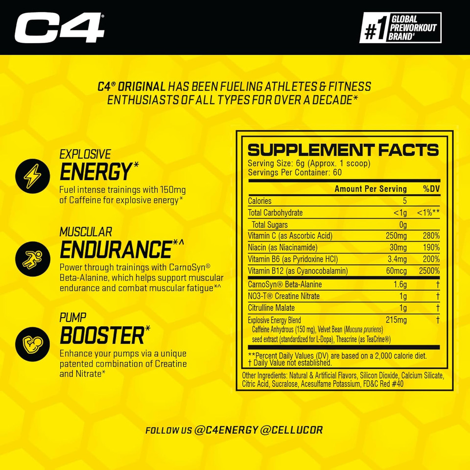 C4 Original Pre Workout Powder Fruit Punch - Vitamin C For Immune Support - Sugar Free Preworkout Energy For Men & Women - 150Mg Caffeine + Beta Alanine + Creatine - 60 Servings60 Servings (Pack Of 1)