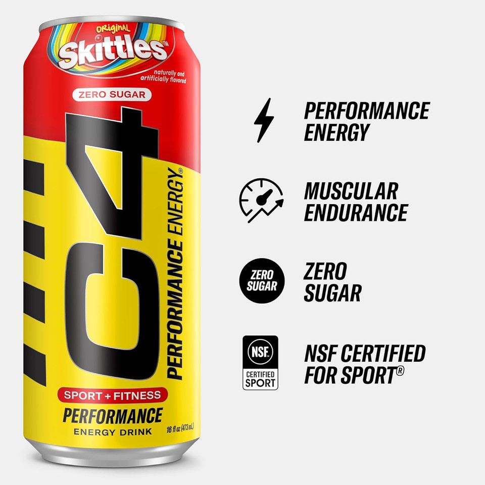 Cellucor C4 Energy Drink, Skittles, Carbonated Sugar Free Pre Workout Performance Drink With No Artificial Colors Or Dyes, 16 Oz, Pack Of 1216 Fl Oz (Pack Of 12)