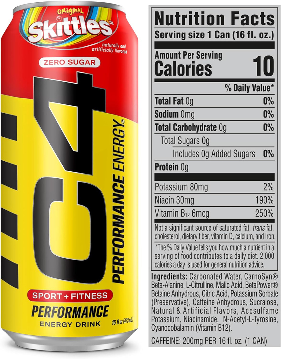 Cellucor C4 Energy Drink, Skittles, Carbonated Sugar Free Pre Workout Performance Drink With No Artificial Colors Or Dyes, 16 Oz, Pack Of 1216 Fl Oz (Pack Of 12)