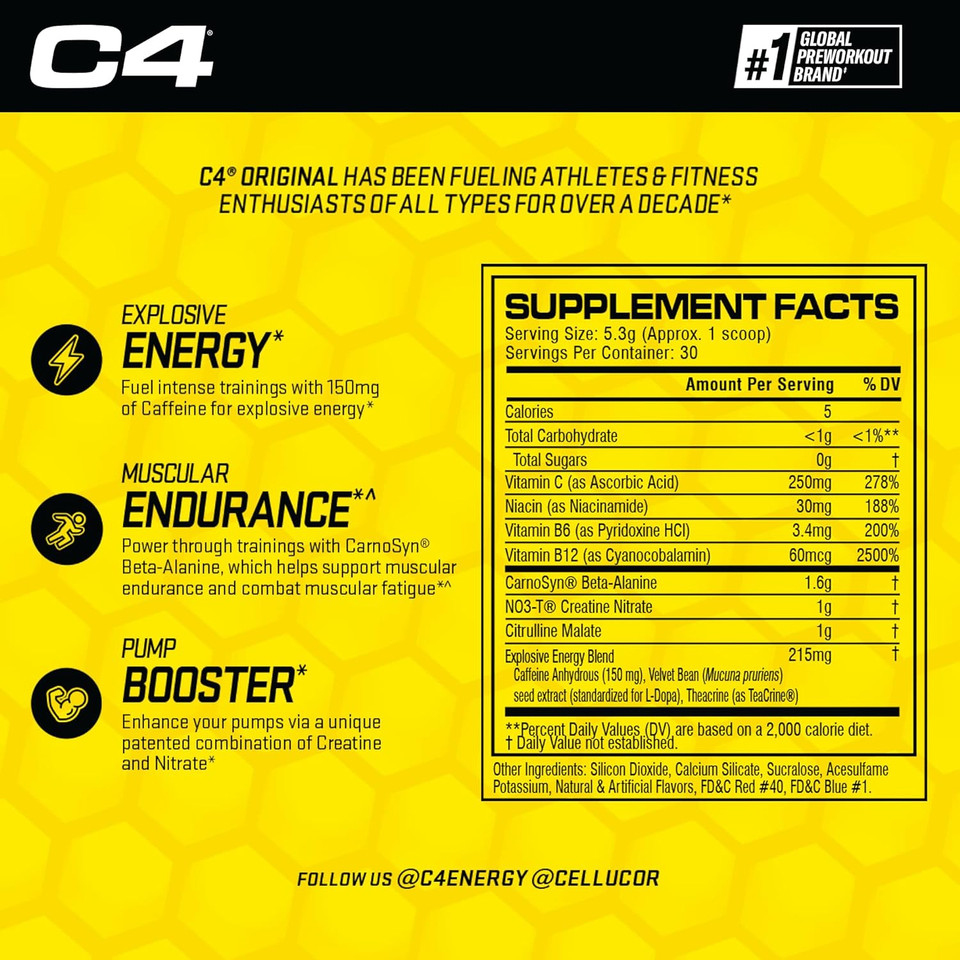 Cellucor C4 Original Pre Workout Powder Grape Sugar Free Preworkout Energy For Men & Women 150Mg Caffeine + Beta Alanine + Creatine - 30 Servings (Packaging May Vary)30 Servings (Pack Of 1)