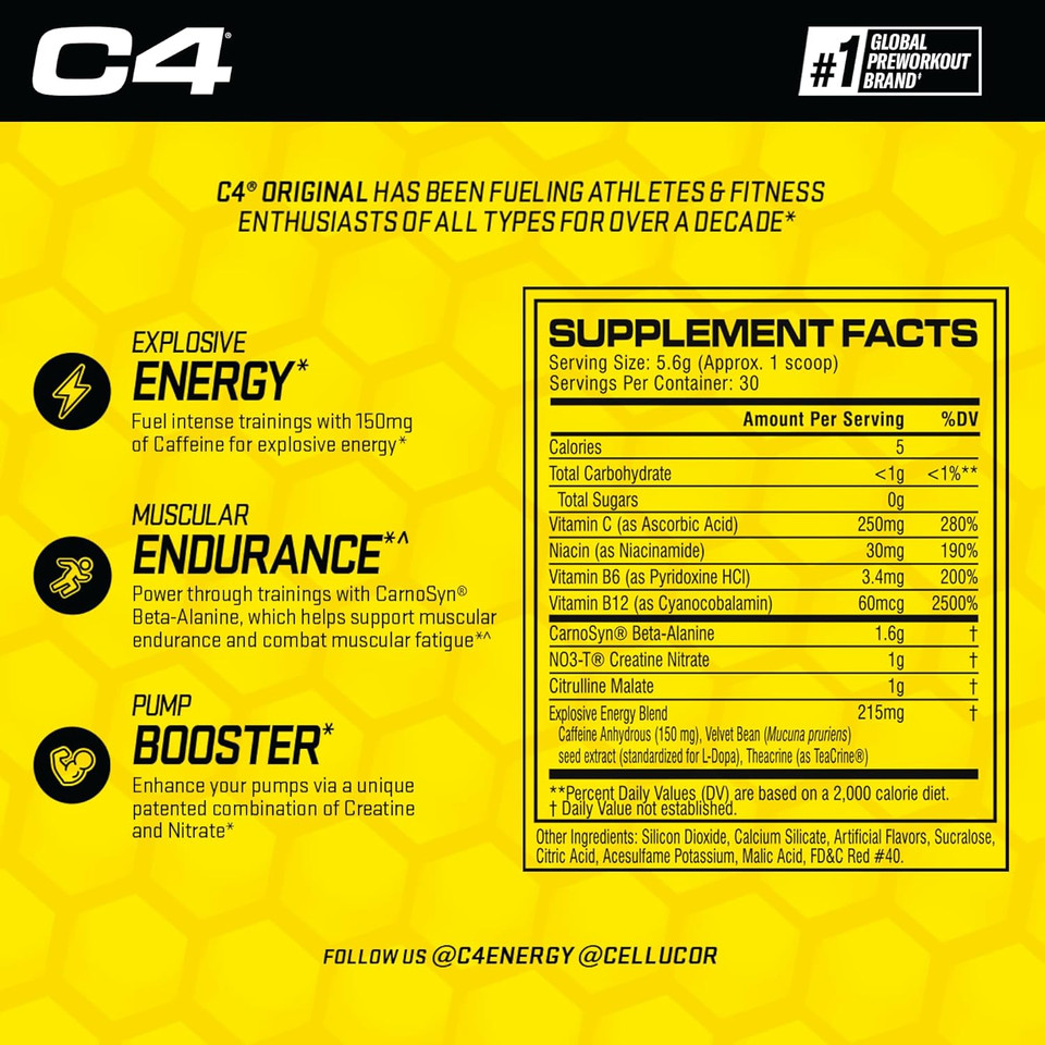 Cellucor C4 Original Pre Workout Powder Watermelon Sugar Free Preworkout Energy Supplement For Men & Women 150Mg Caffeine + Beta Alanine + Creatine 30 Servings