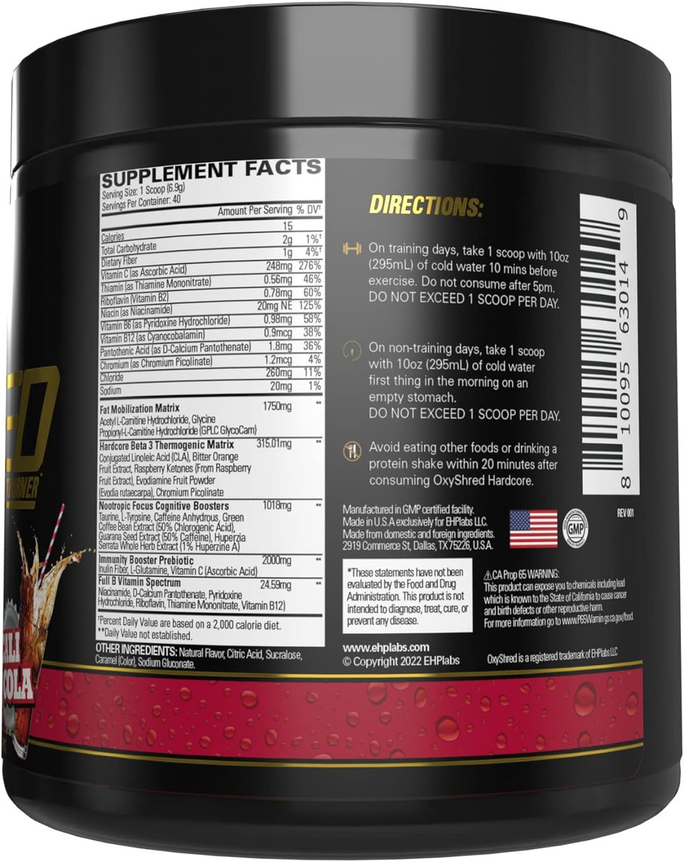 Ehplabs Oxyshred Hardcore Thermogenic Pre Workout Powder For Shredding - Preworkout Powder With L Glutamine & Acetyl L Carnitine, Energy Boost Drink - 275Mg Of Caffeine - Cali Cola, 40 Servings