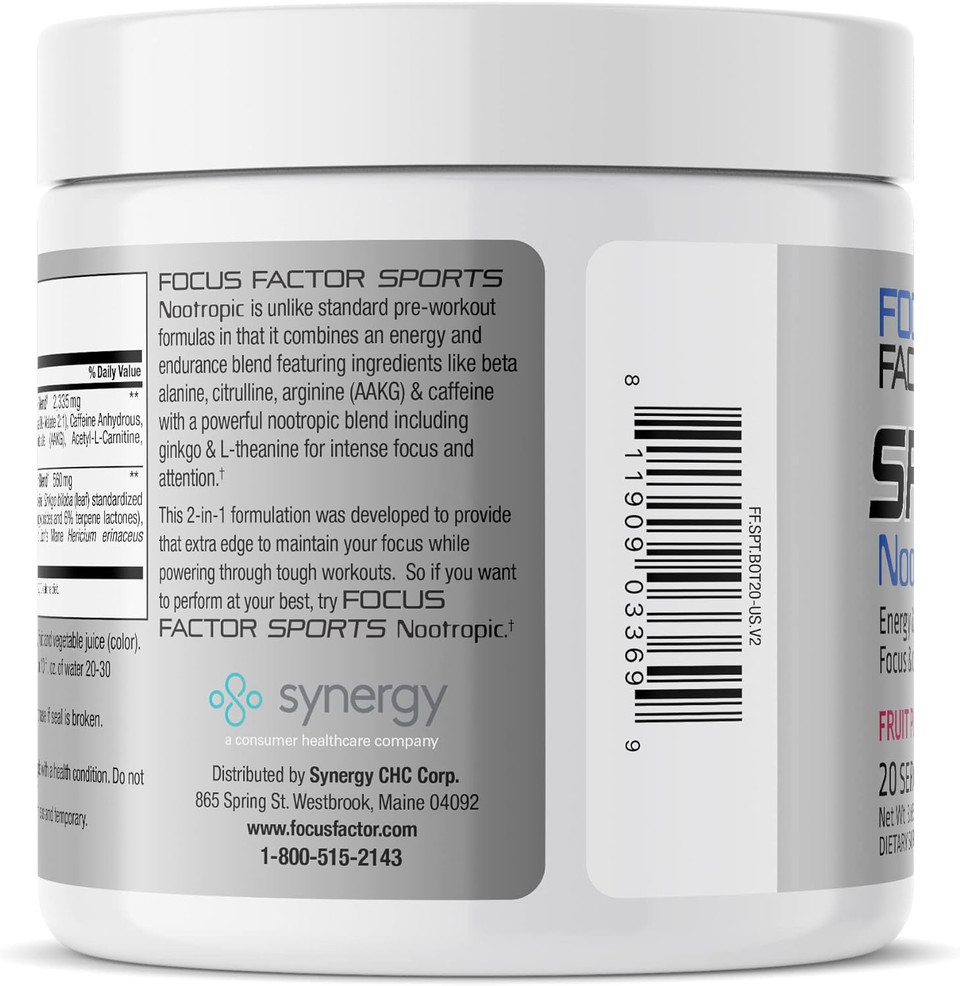 Focus Factor Pre-Workout Sports Supplement with Lions Mane - Nootropic for Energy Boost, Endurance, Concentration, Performance - Arginine, L-theanine, Beta Alanine, L-Citrulline, Ginkgo Biloba