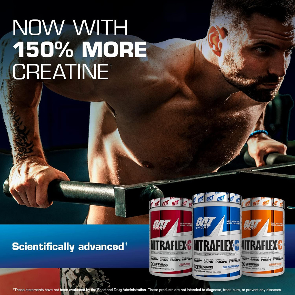 Gat Sport Nitraflex + C Creatine Pre Workout Supplement For Strength And Endurance, Blue Raspberry, 30 Servings