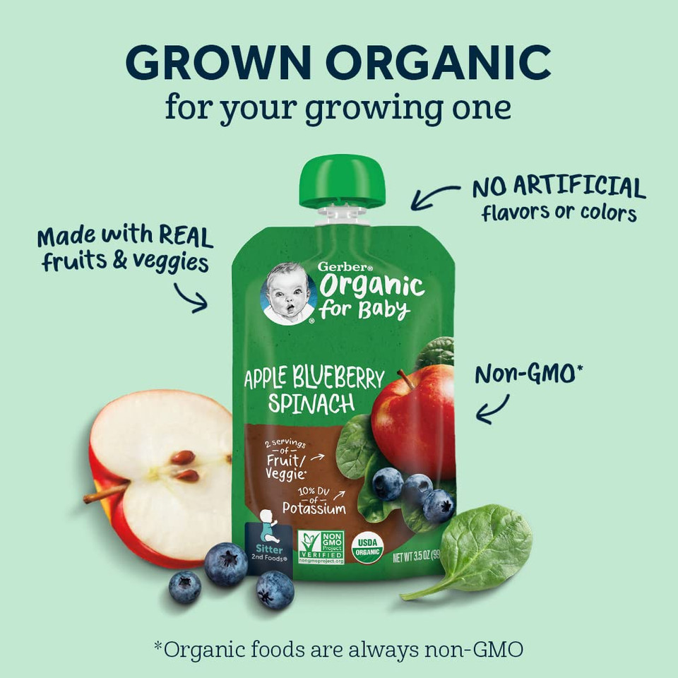 Gerber Organic Baby Food Pouches, 2Nd Foods For Sitter, Apple Zucchini Spinach Strawberry, 3.5 Ounce (Pack Of 12)