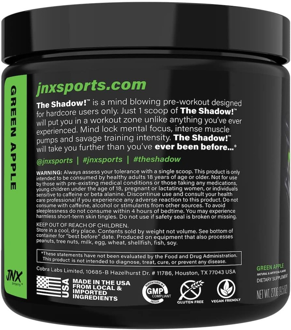 Jnx Sports The Shadow! 350Mg Of Caffeine Hard Core Preworkout -Electric Energy, Mental Focus, Superhuman Strength, Men & Women - Green Apple 30 Servings