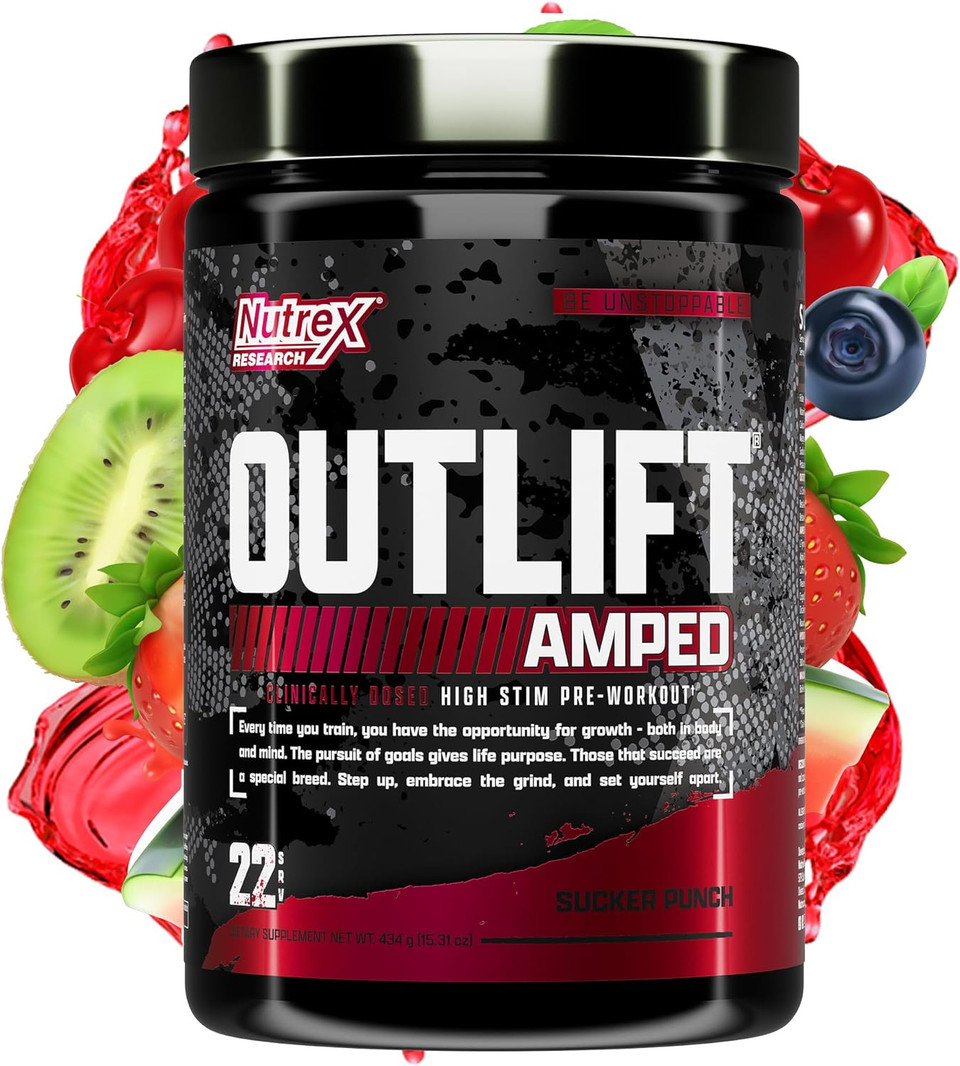 Outlift Amped Max Dosed Pre Workout Powder, 6G Citrulline, 3.2G Beta Alanine, Alpha Gpc, Cognatiq, Extreme Energy, Massive Pumps, Strength, Electrolytes, Nootropics, Sucker Punch, 22 Serv