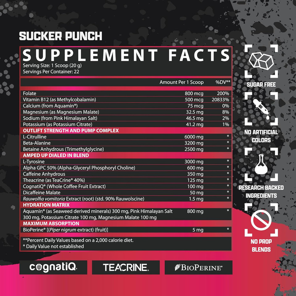 Outlift Amped Max Dosed Pre Workout Powder, 6G Citrulline, 3.2G Beta Alanine, Alpha Gpc, Cognatiq, Extreme Energy, Massive Pumps, Strength, Electrolytes, Nootropics, Sucker Punch, 22 Serv
