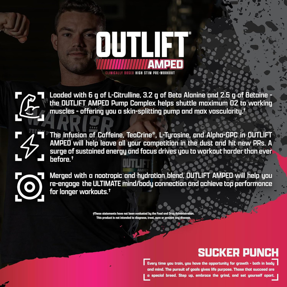 Outlift Amped Max Dosed Pre Workout Powder, 6G Citrulline, 3.2G Beta Alanine, Alpha Gpc, Cognatiq, Extreme Energy, Massive Pumps, Strength, Electrolytes, Nootropics, Sucker Punch, 22 Serv