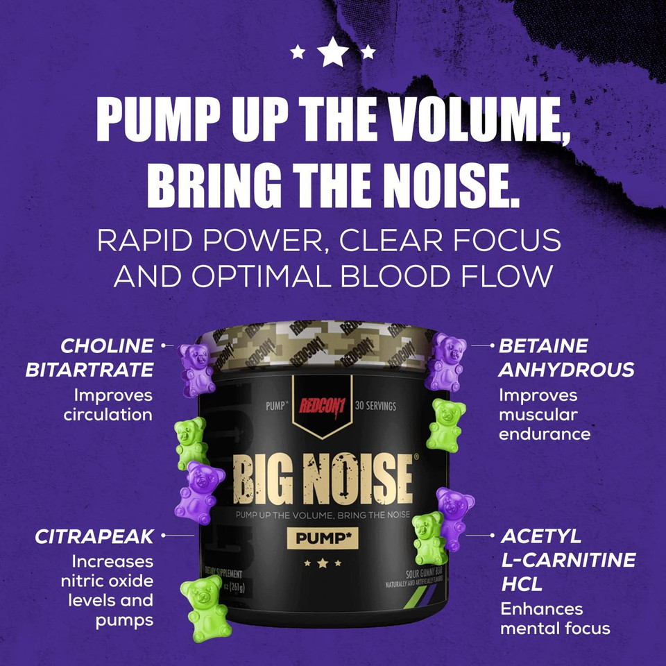 Redcon1 Big Noise Non Stim Preworkout, Sour Gummy Bear - Betaine Anhydrous & Acetyl L-Carnitine For Focus + Endurance - Keto Friendly, Caffeine Free Pre Workout (30 Servings)