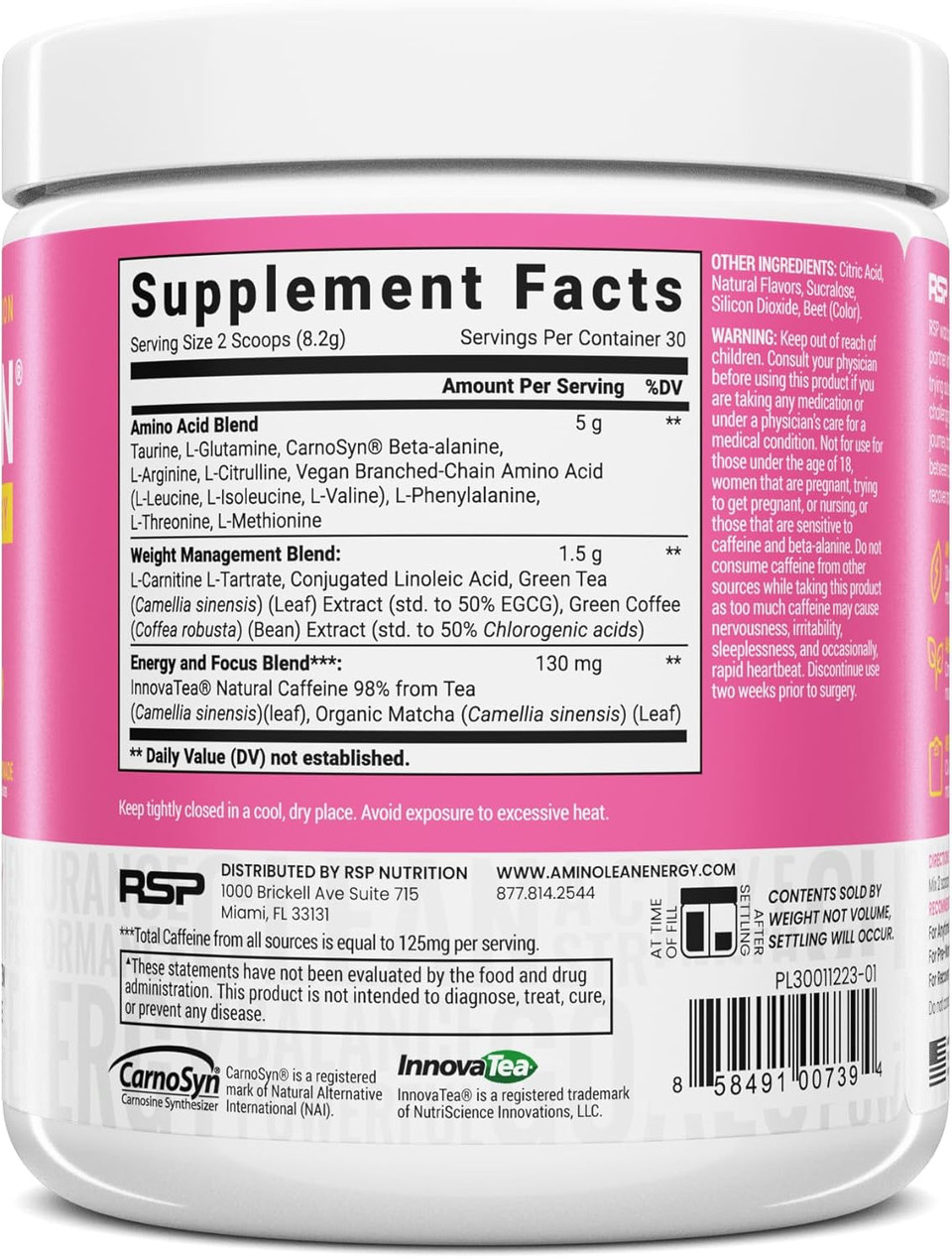 Rsp Nutrition Aminolean Pre Workout Powder, Amino Energy & Weight Management With Vegan Bcaa Amino Acids, Natural Caffeine, Preworkout Boost For Men & Women, 30 Serv, Pink Lemonadeã¢Â