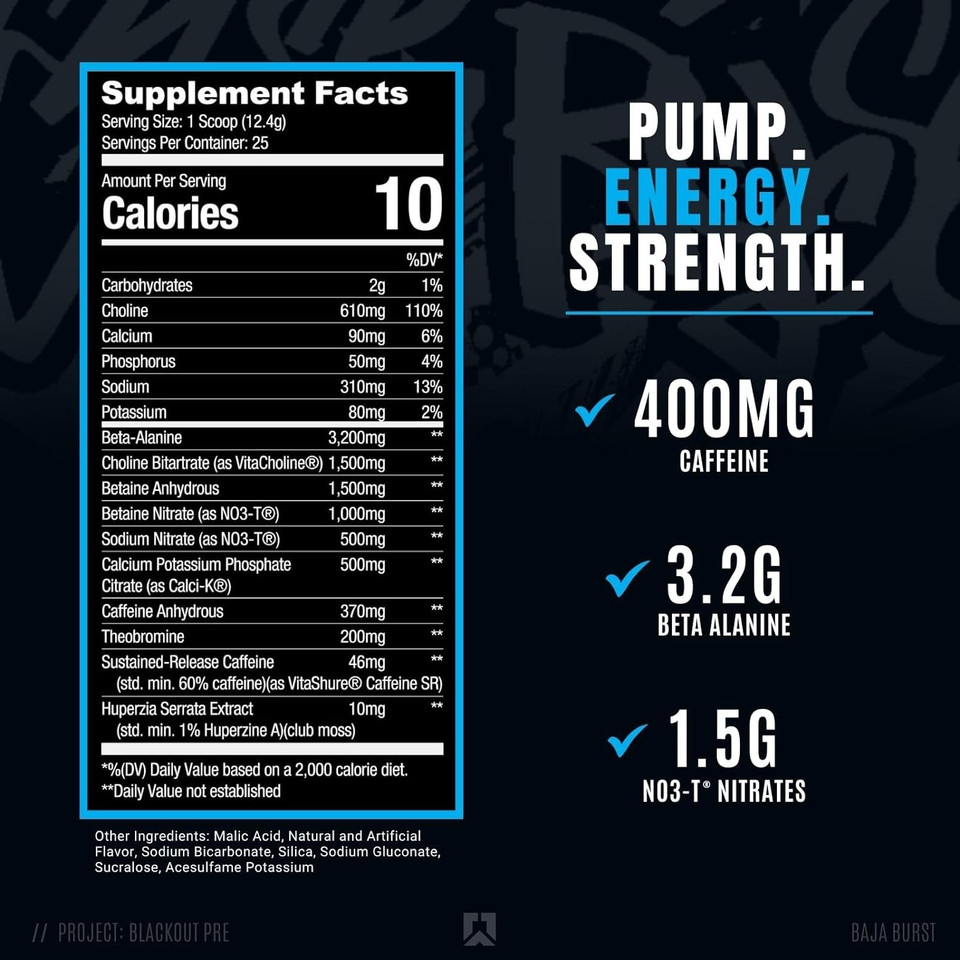 Ryse Project Blackout Pre Workout | Pump, Energy, And Strength | With Caffeine, Vitacholine, Nitrates, And Theobromine | 25 Servings (Baja Burst)