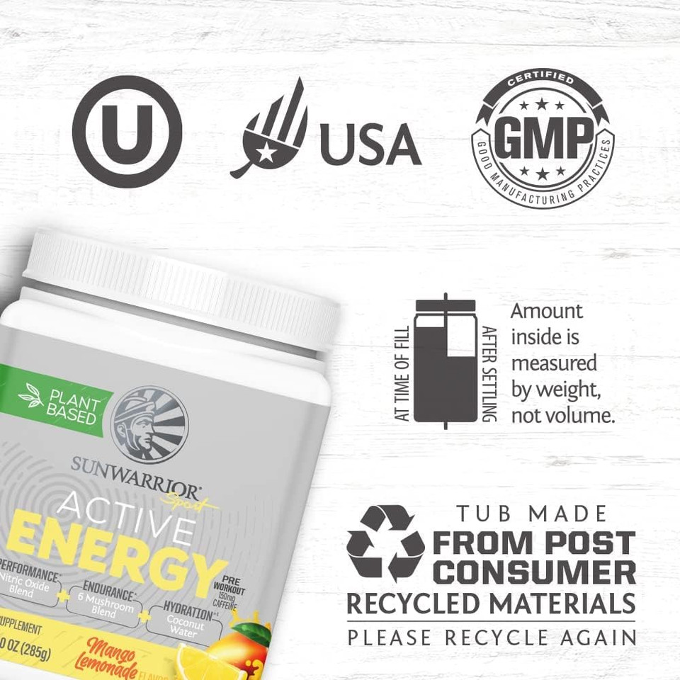 Sunwarrior Vegan Pre Workout Energy Drink | Pre Workout For Women & Men Keto Plant Based Organic | Mango Lemonade 10 Oz | Active Energy Powder For Endurance Immunity & Hydration