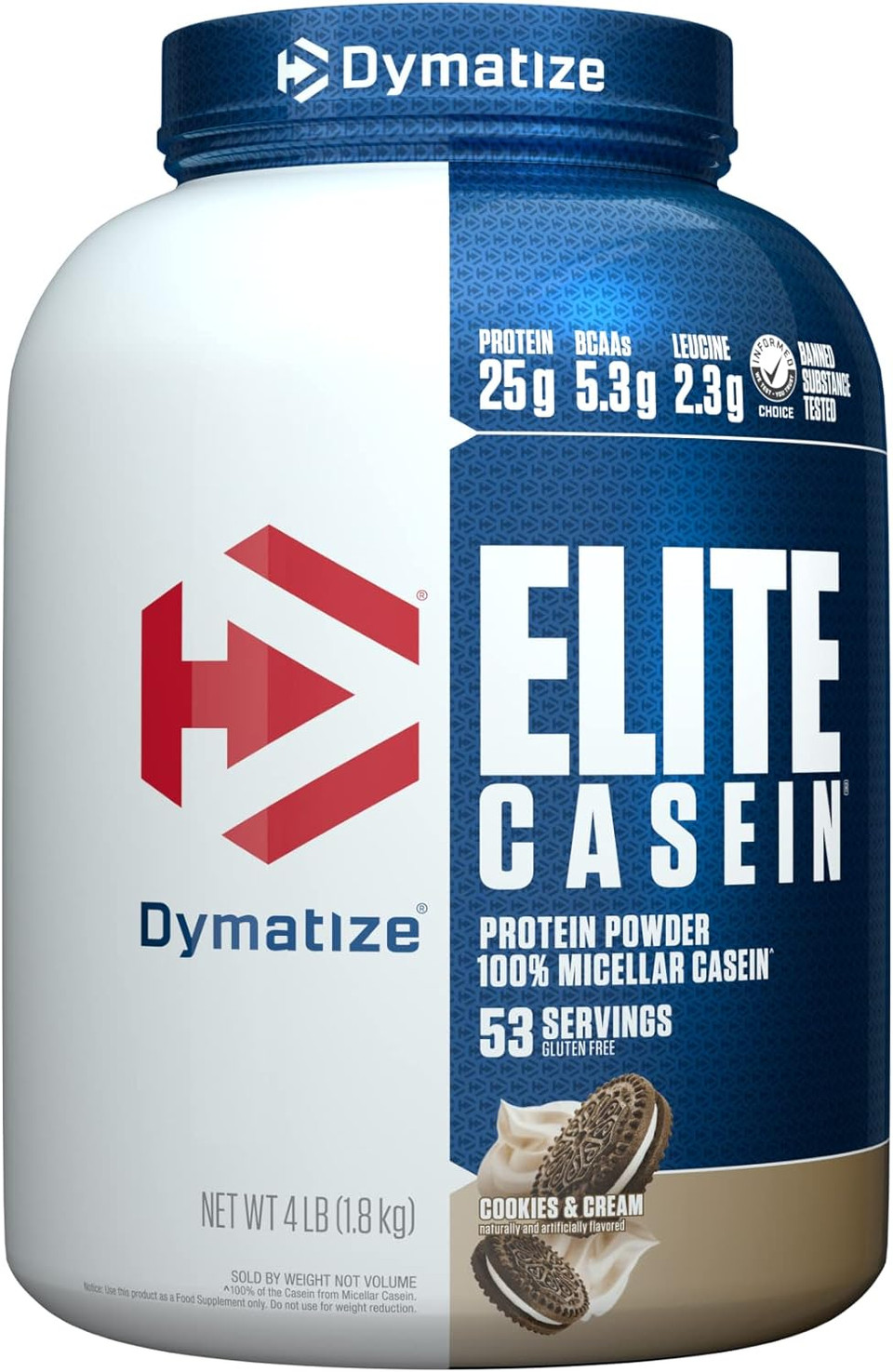 Dymatize Elite Casein Protein Powder, Slow Absorbing with Muscle Building Amino Acids, 100% Micellar Casein, 25g Protein, 5.3g BCAAs & 2.3g Leucine, Helps Overnight Recovery, Cookies & Cream, 4 lb53 Servings (Pack of 1)