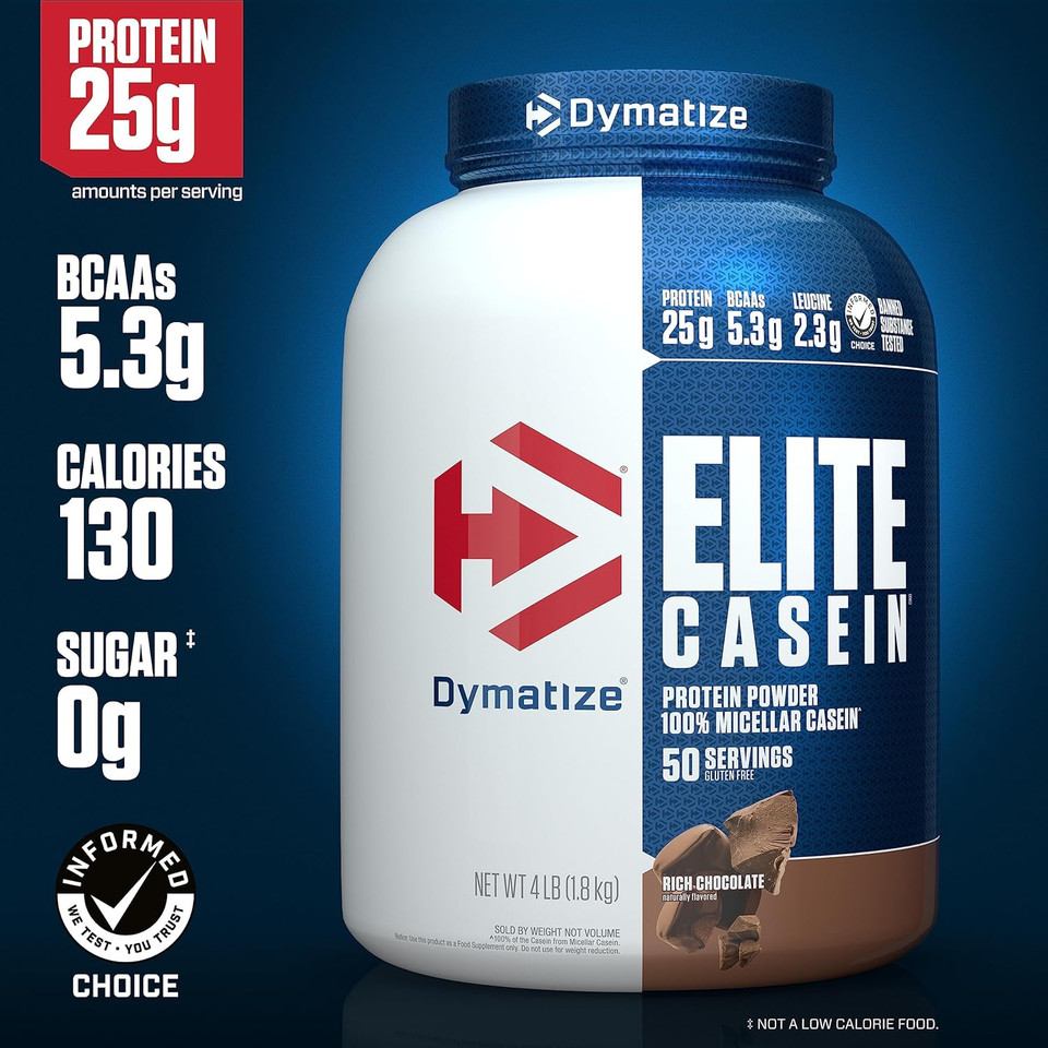 Dymatize Elite Casein Protein Powder, Slow Absorbing with Muscle Building Amino Acids, 100% Micellar Casein, 25g Protein, 5.4g BCAAs & 2.3g Leucine, Helps Overnight Recovery, Rich Chocolate, 4 Pound25 Servings (Pack of 1)