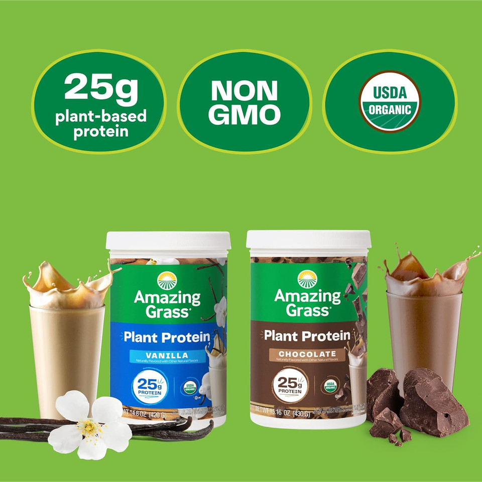 Amazing Grass Vegan Protein Powder, Plant Based Organic Blend With 25G Of Protein, Dairy, Gluten & Soy Free - Creamy Vanilla (10 Servings)10 Servings (Pack Of 1)