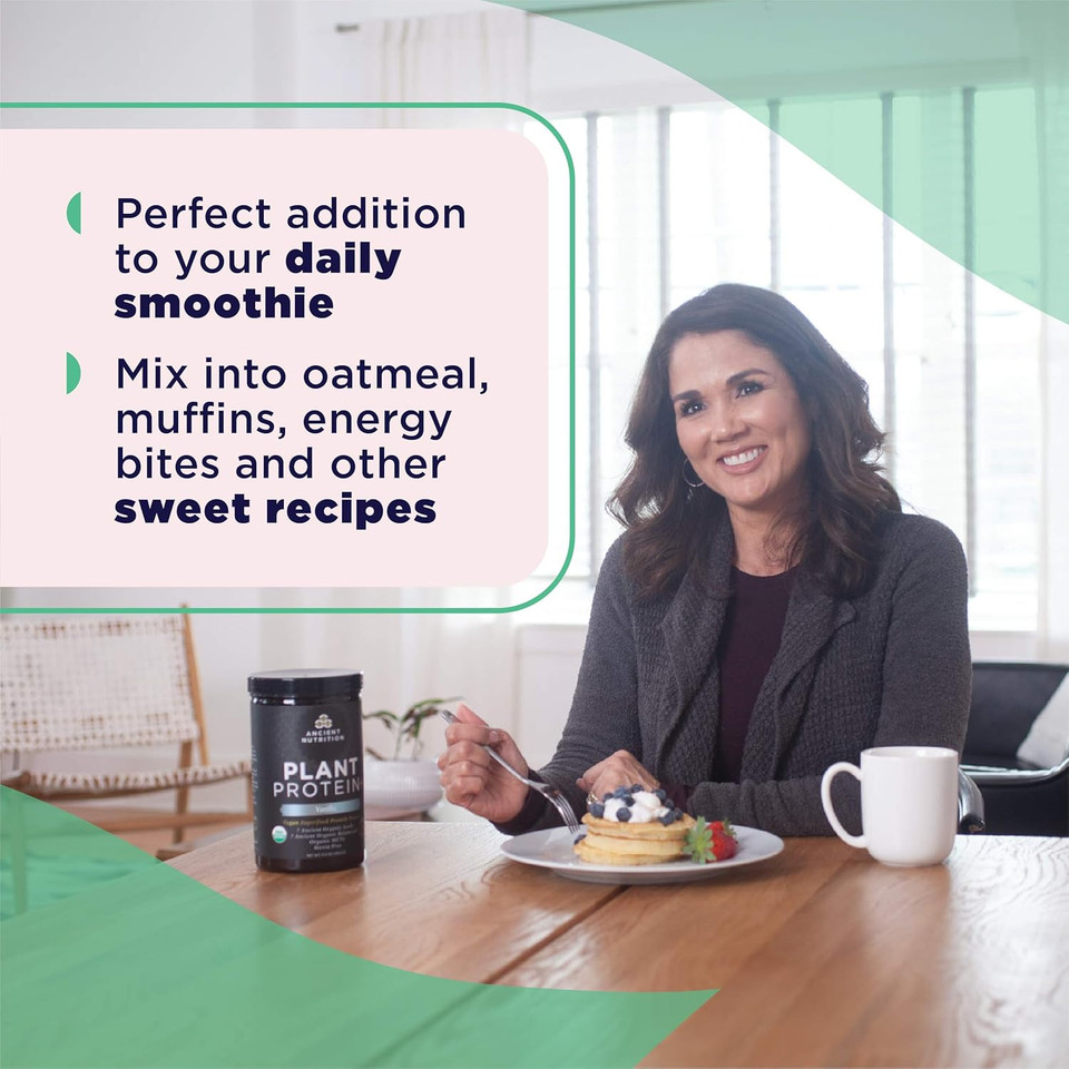 Ancient Nutrition Organic Plant Protein +, Vegan Plant Based Protein Powder, Vanilla, Formulated By Dr. Josh Axe, Dairy-Free, Gluten-Free, Non-Gmo, No Sugar Added, Paleo Friendly Supplement 11.5 Oz