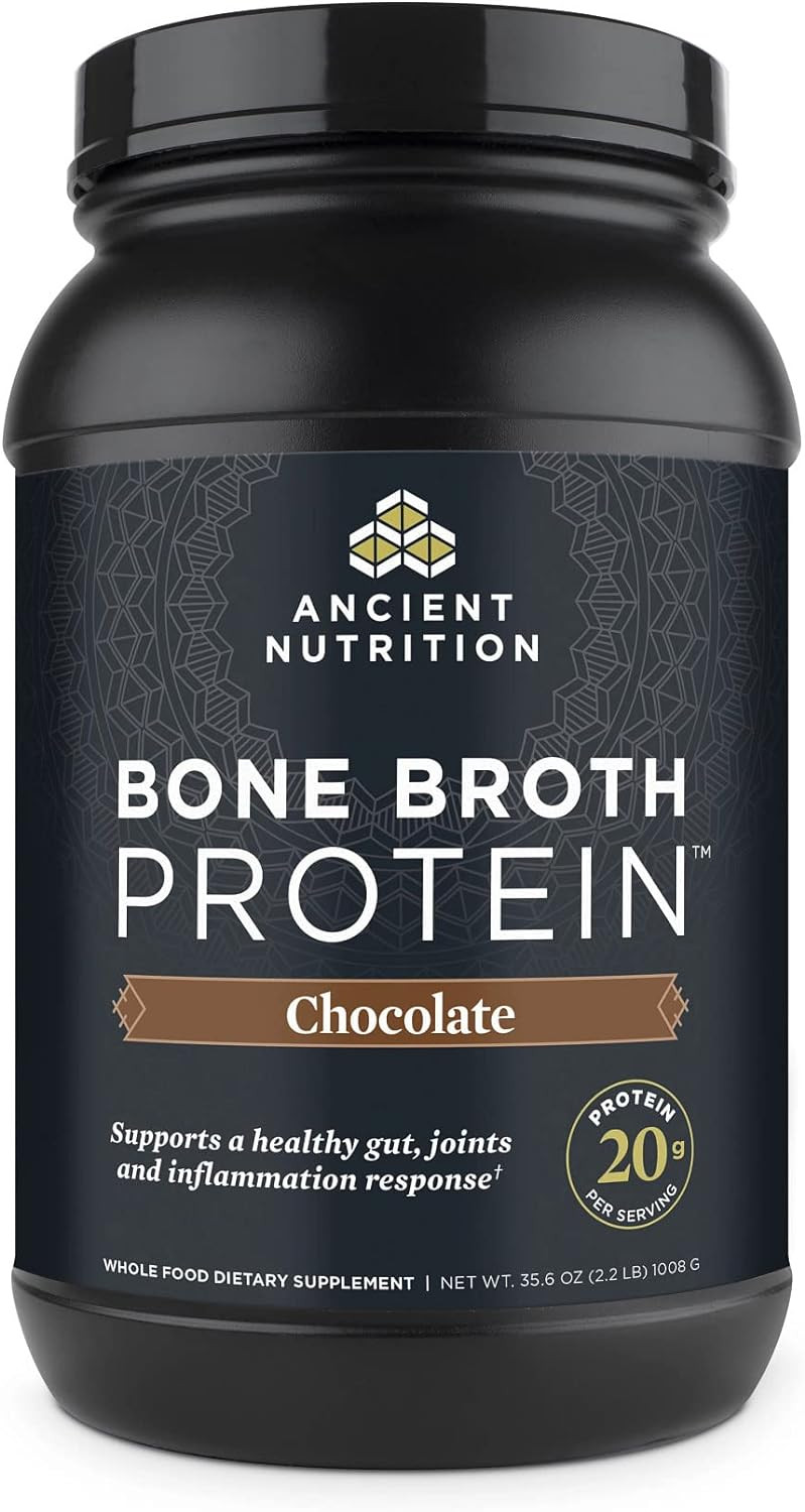 Ancient Nutrition Protein Powder Made From Real Bone Broth, Chocolate, 20G Protein Per Serving, 40 Serving Tub, Gluten Free Hydrolyzed Collagen Peptides Supplement, Dr. Axe