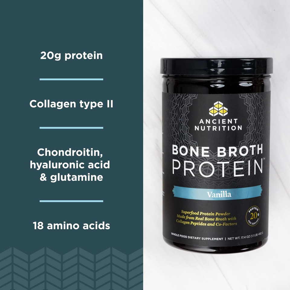Ancient Nutrition Protein Powder Made From Real Bone Broth, Vanilla, 20G Protein Per Serving, 40 Serving Tub, Gluten Free Hydrolyzed Collagen Peptides Supplement, Great In Protein Shakes