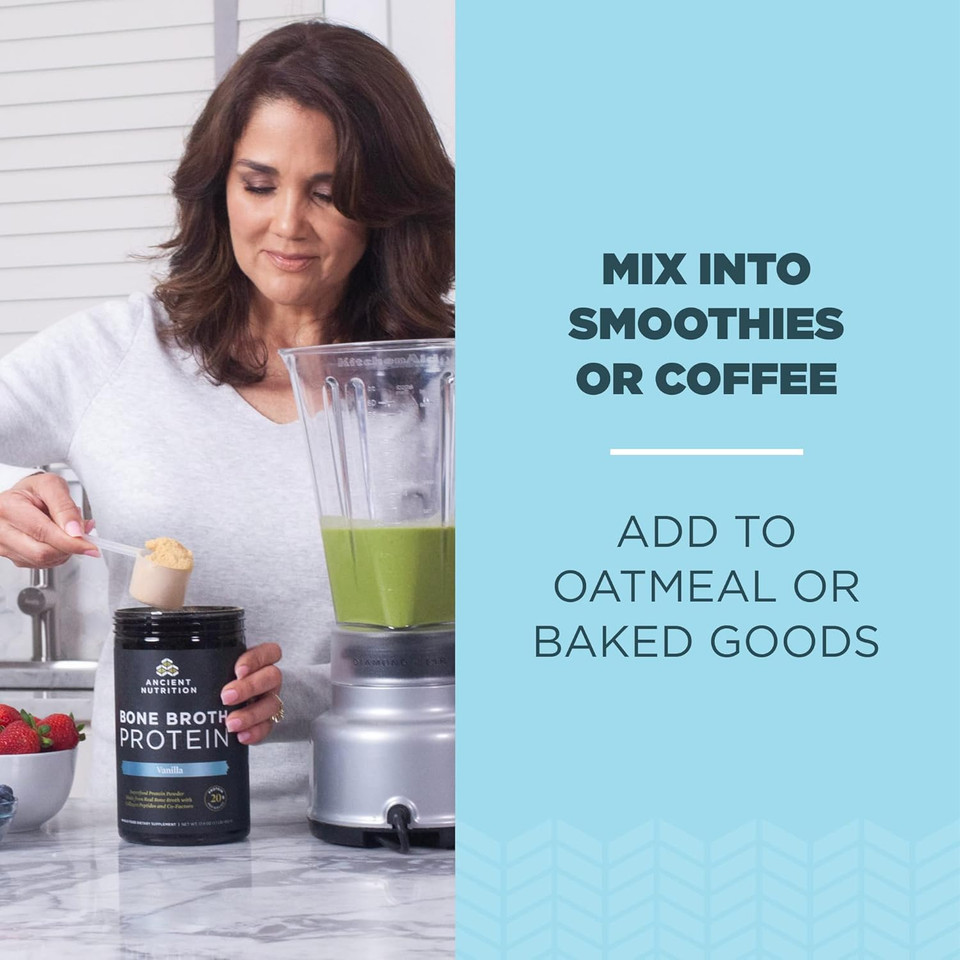Ancient Nutrition Protein Powder Made From Real Bone Broth, Vanilla, 20G Protein Per Serving, 40 Serving Tub, Gluten Free Hydrolyzed Collagen Peptides Supplement, Great In Protein Shakes