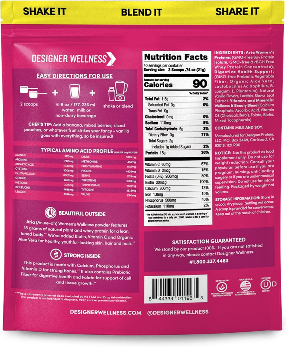 Designer Wellness, Aria, Women'S Wellness Low Calorie Vanilla Protein Powder With Biotin, Vitamin C And Organic Aloe, Vanilla Blossom, 1.85 Pound