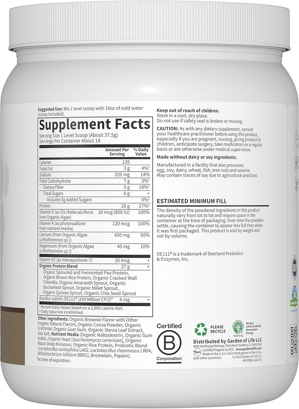 Garden Of Life Organic Vegan Protein Powder, 20G Plant Based Protein With Calcium, D3, K2 Mk-7 & Magnesium For Bone Strength, Prebiotics & Probiotics For Digestion, Brownie Bites Flavor, 14 Servings