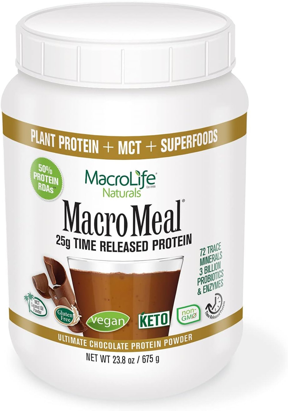 MacroLife Naturals MacroMeal Vegan Protein Powder Superfood Greens Probiotics + Fiber, Immune Energy Digestive Daily Essentials for Women & Men Gluten-Free Chocolate - 21.7oz (15 Servings)23.8 Ounce (675 g)