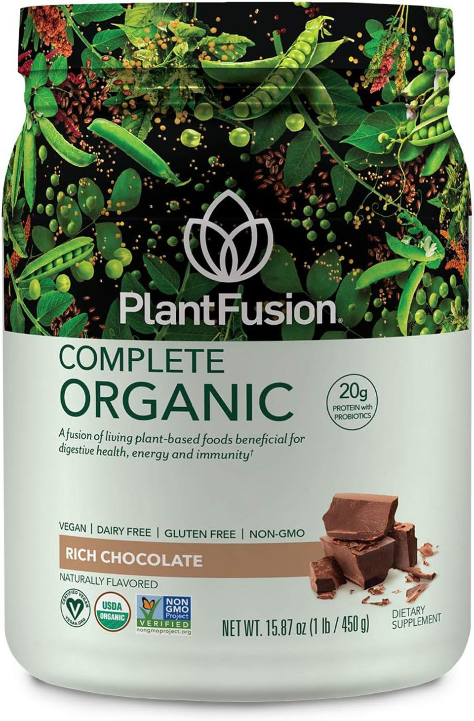 Plantfusion Complete Organic Plant Based Pea Protein Powder | Fermented Superfoods | Vegan, Gluten Free, Non Dairy, Soy Free, Chocolate, 1 Lb