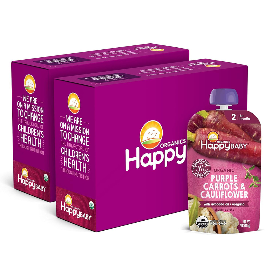Happy Baby Organics Savory Blends Stage 2 Baby Food, Purple Carrots & Cauliflower With Avocado Oil + Oregano, 4 Ounce Pouch (Pack Of 16) Packaging May Vary