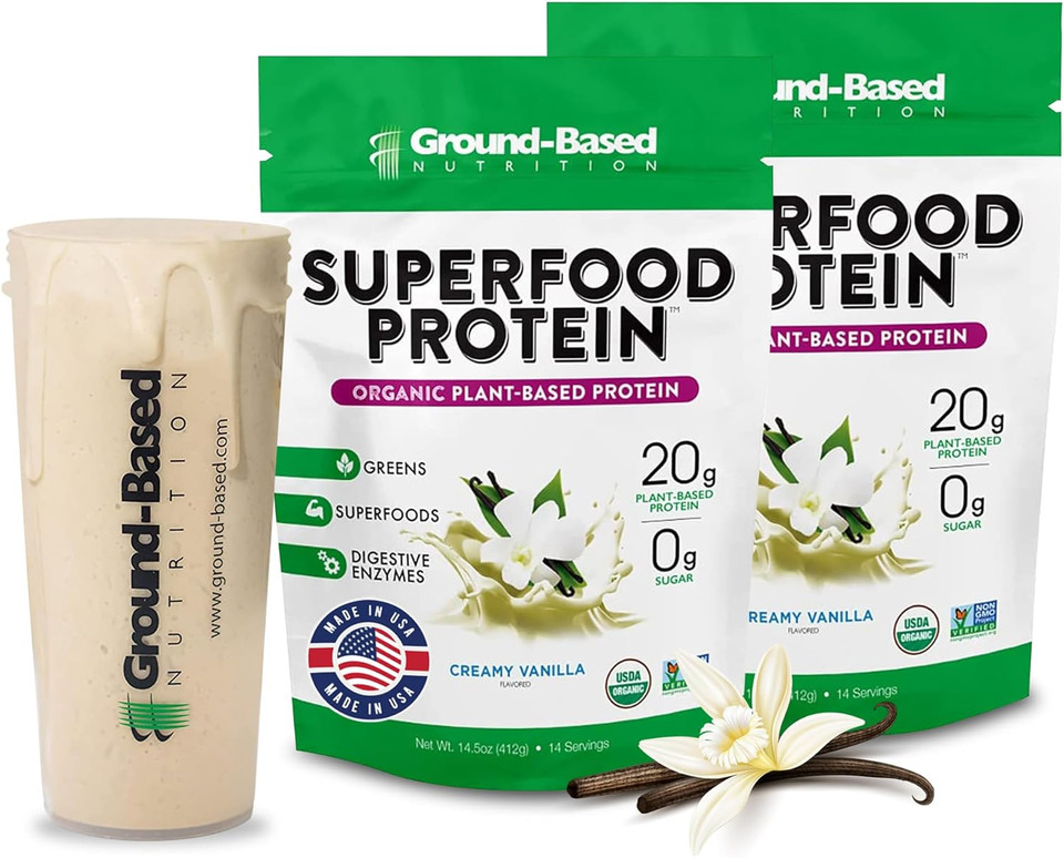 Superfood Protein, Plant-Based Protein Powder  Super Food + Essential Greens  2 Packs Creamy Vanilla (28 Servings)28 Servings (Pack Of 2)
