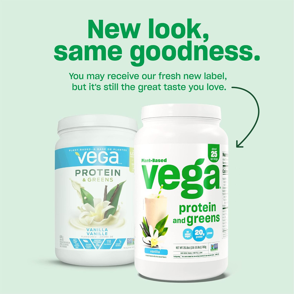 Vega Protein And Greens Protein Powder, Vanilla - 20G Plant Based Protein Plus Veggies, Vegan, Non Gmo, Pea Protein For Women And Men, 1.2 Lbs (Packaging May Vary)