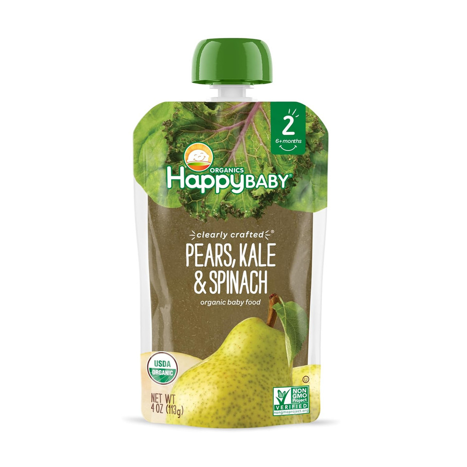 Happy Baby Organics Stage 2 Baby Food Pouches, Gluten Free, Vegan & Healthy Snack, Clearly Crafted Fruit & Veggie Puree, Pears, Kale & Spinach, 4 Ounces (Pack of 16)