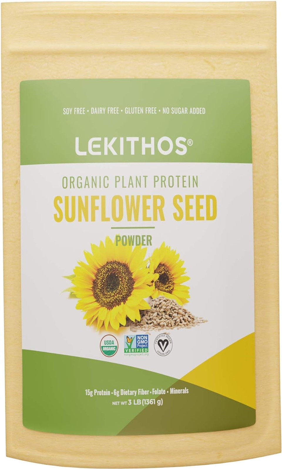 Lekithos Organic Sunflower Seed Protein Powder - 3 Lb - 15G Protein - Single Ingredient, Certified Usda Organic, Non-Gmo Project Verified, No Added Sugars - Certified Vegan - Gluten Free