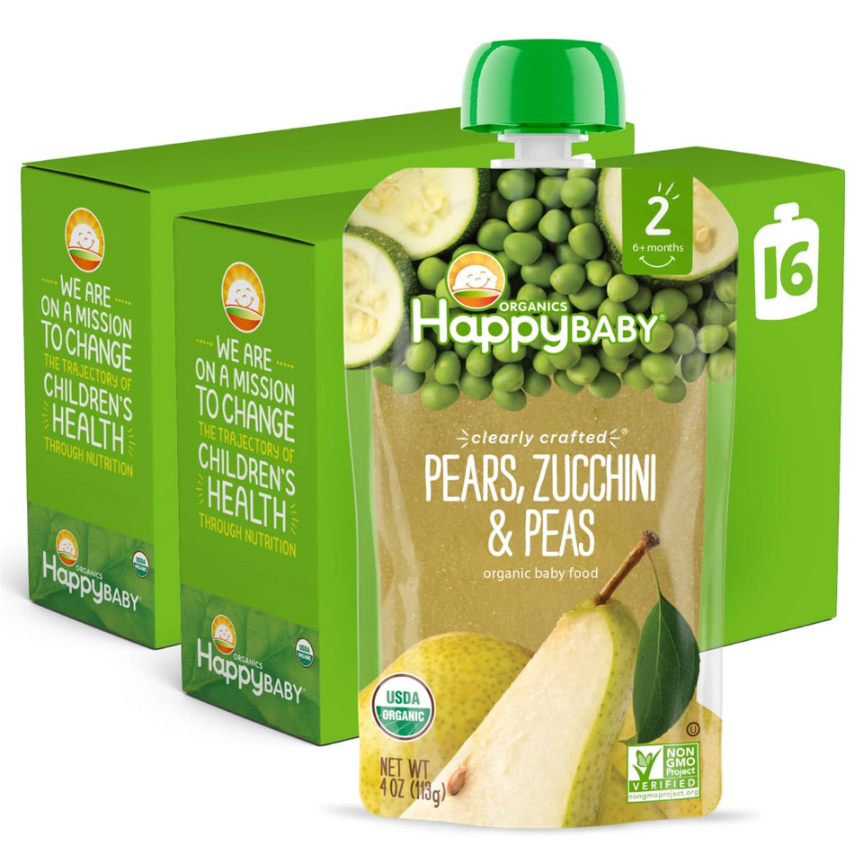 Happy Baby Organics Stage 2 Baby Food Pouches, Gluten Free, Vegan & Healthy Snack, Clearly Crafted Fruit & Veggie Puree, Pears, Zucchini & Peas, 4 Ounces (Pack Of 16)