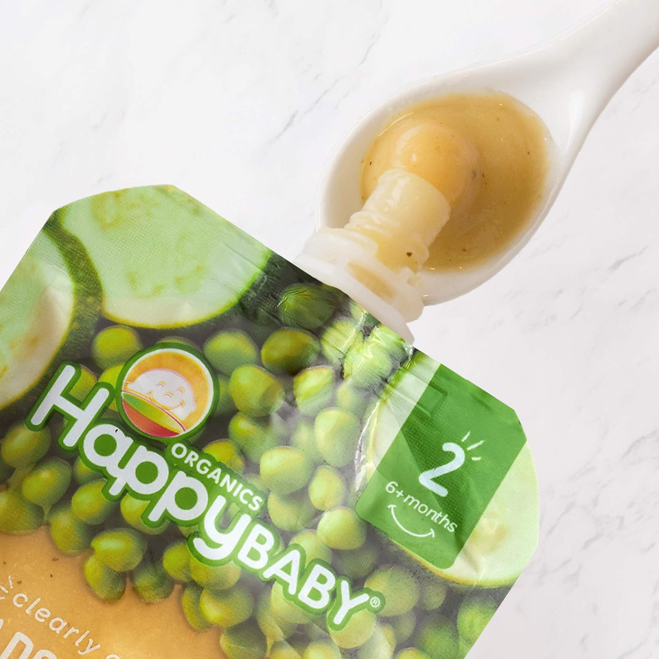 Happy Baby Organics Stage 2 Baby Food Pouches, Gluten Free, Vegan & Healthy Snack, Clearly Crafted Fruit & Veggie Puree, Pears, Zucchini & Peas, 4 Ounces (Pack Of 16)