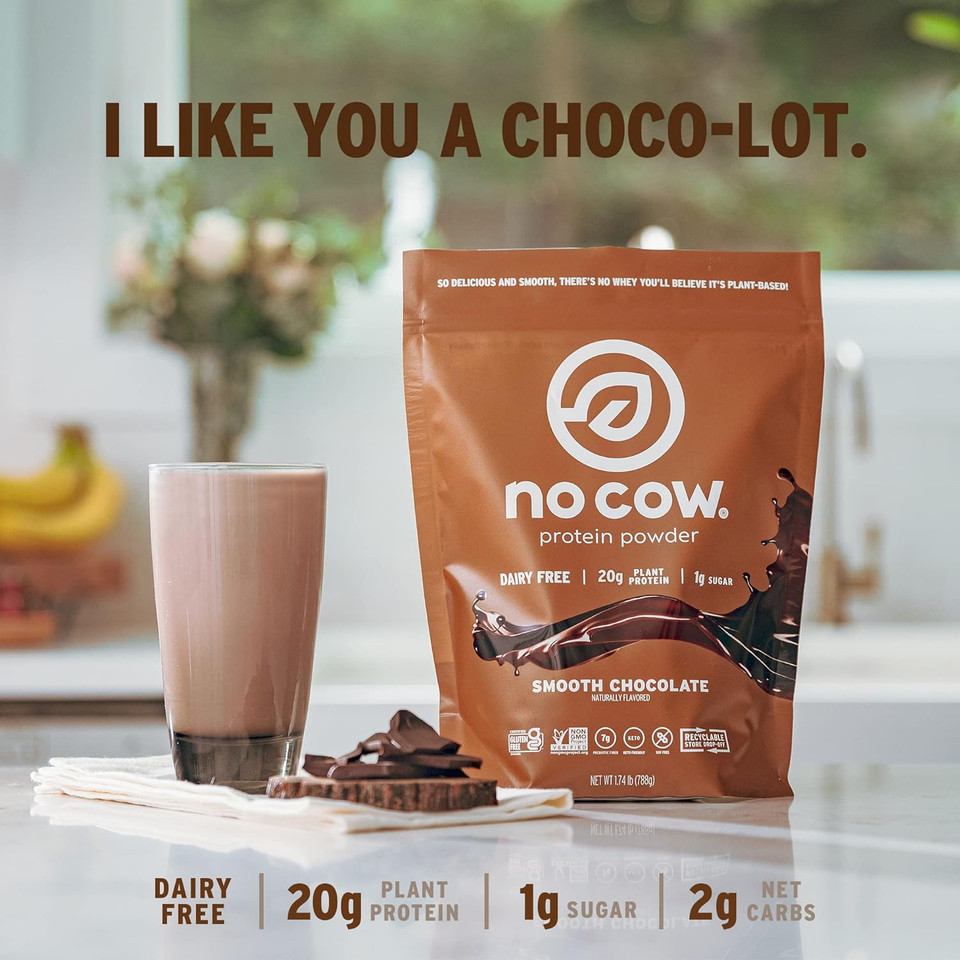 No Cow Vegan Protein Powder, Chocolate, 20G Plant Based Protein, Recyclable Bag, Dairy Free, Soy Free, No Sugar Added, Keto Friendly, Gluten Free, Naturally Sweetened, Non Gmo, Kosher, 1.74 Poundchocolate