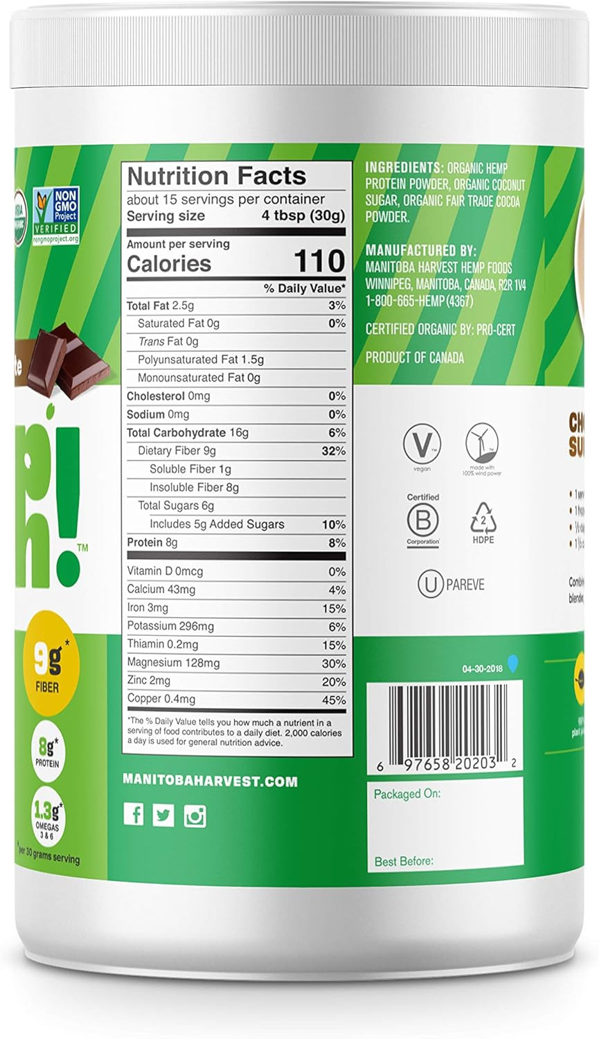 Manitoba Harvest Organic Hemp Pro Fiber Protein Powder, Chocolate, 16Oz; With 10G Of Fiber & 8G Protein Per Serving, Preservative-Free