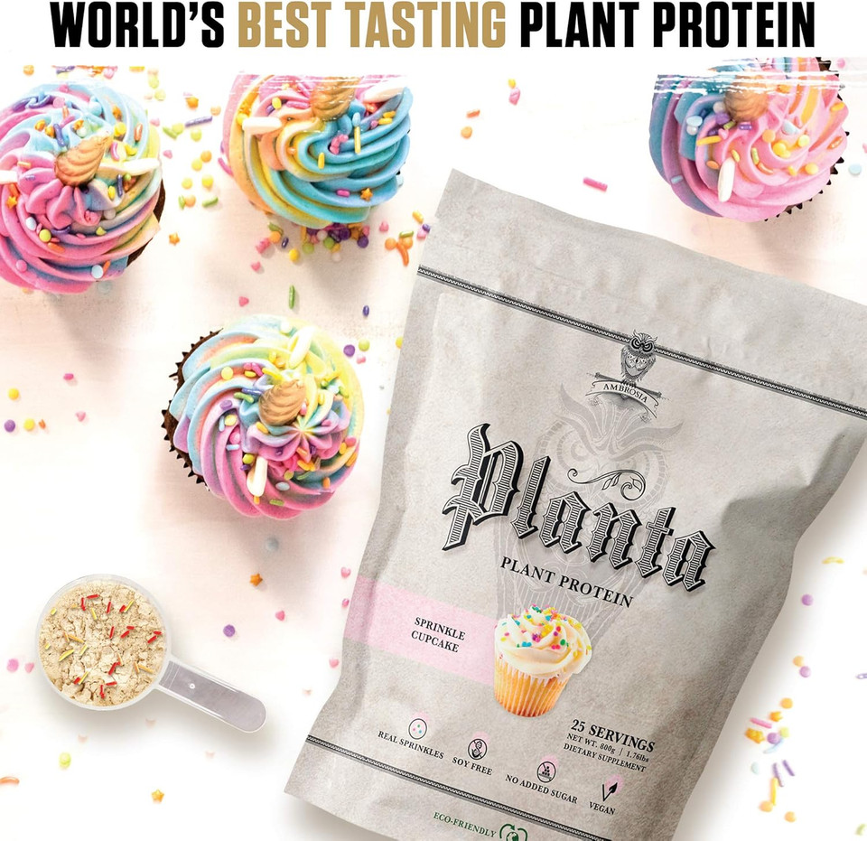 Ambrosia Planta - Premium Organic Plant-Based Protein | Vegan & Keto Friendly | Gourmet Flavors With No Bloating Or Stomach Upset | Gluten & Soy Free | No Added Sugar | 25 Servings | Sprinkle Cupcake