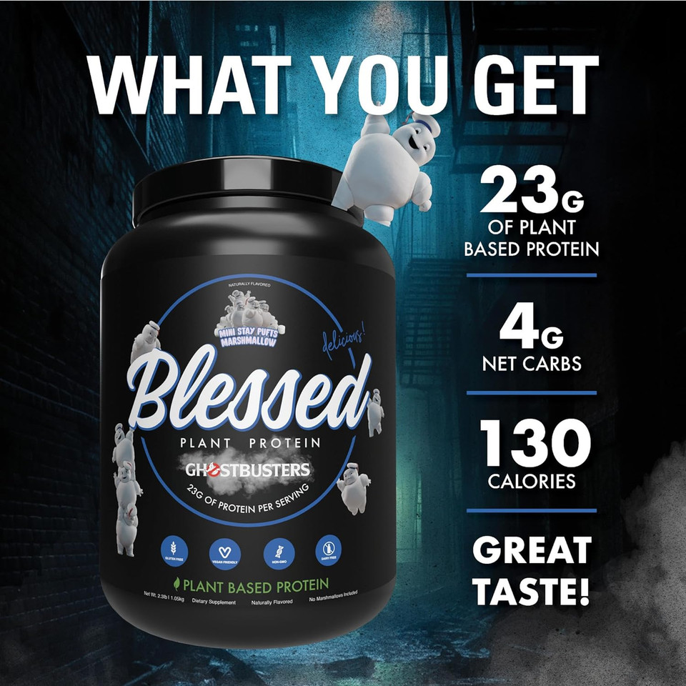 Blessed X Ghostbusters Vegan Protein Powder - Plant Based Protein Shake Meal Replacement - 23G Of Pea Protein Powder, Dairy Free, Gluten Free, No Sugar Added, 30 Servings (Mini Marshmallow Pufts)30 Servings (Pack Of 1)
