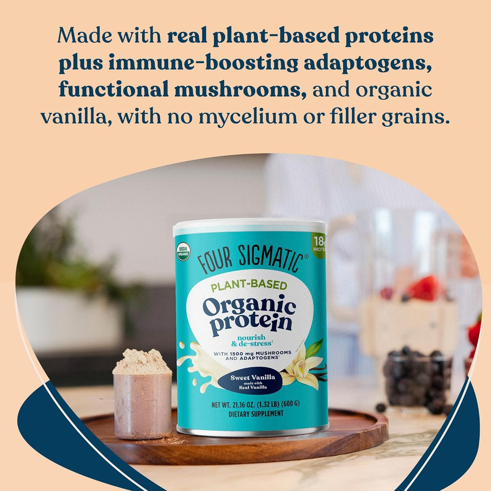 Four Sigmatic Organic Vegan Protein Powder | 18G Plant-Based Protein Per Serving | Gluten Free, Dairy Free, Soy Free, Non-Gmo With No Filler Ingredients | 21.16Oz, 15 Servings | Sweet Vanilla1.32 Pound (Pack Of 1)