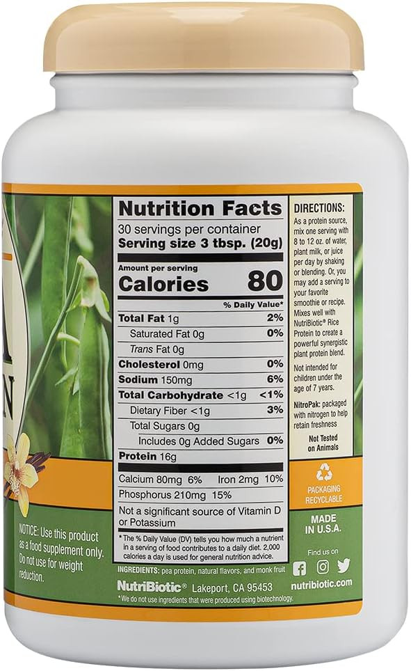 Nutribiotic Pea Protein Vanilla 21 Oz | Low Carb Vegan Plant Protein Powder | 100% Grown & Processed In The Usa | Deliciously Creamy & Bcaa-Rich | Made Without Chemicals, Gmos & Gluten | Keto Friendly1.31 Pound