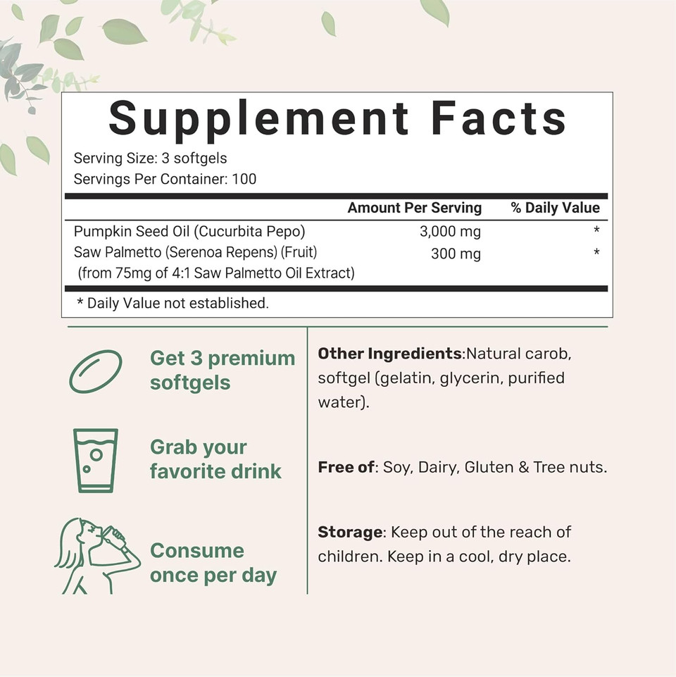 Pumpkin Seed Oil With Saw Palmetto, 3,000Mg Per Serving, 300 Softgels | Cold Pressed, Pure Virgin Oil, Herbal Supplement | Supports Urinary, Bladder & Prostate Health | Non-Gmo