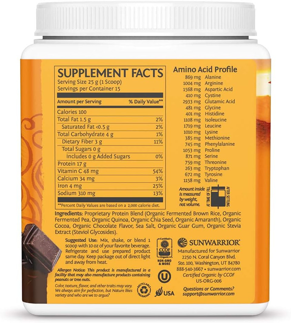 Sunwarrior Vegan Organic Protein Powder Plant-Based | 5 Superfood Quinoa Chia Seed Soy Free Dairy Free Gluten Free Synthetic Free Non-Gmo | Chocolate 15 Servings | Classic Plus15 Servings (Pack Of 1)