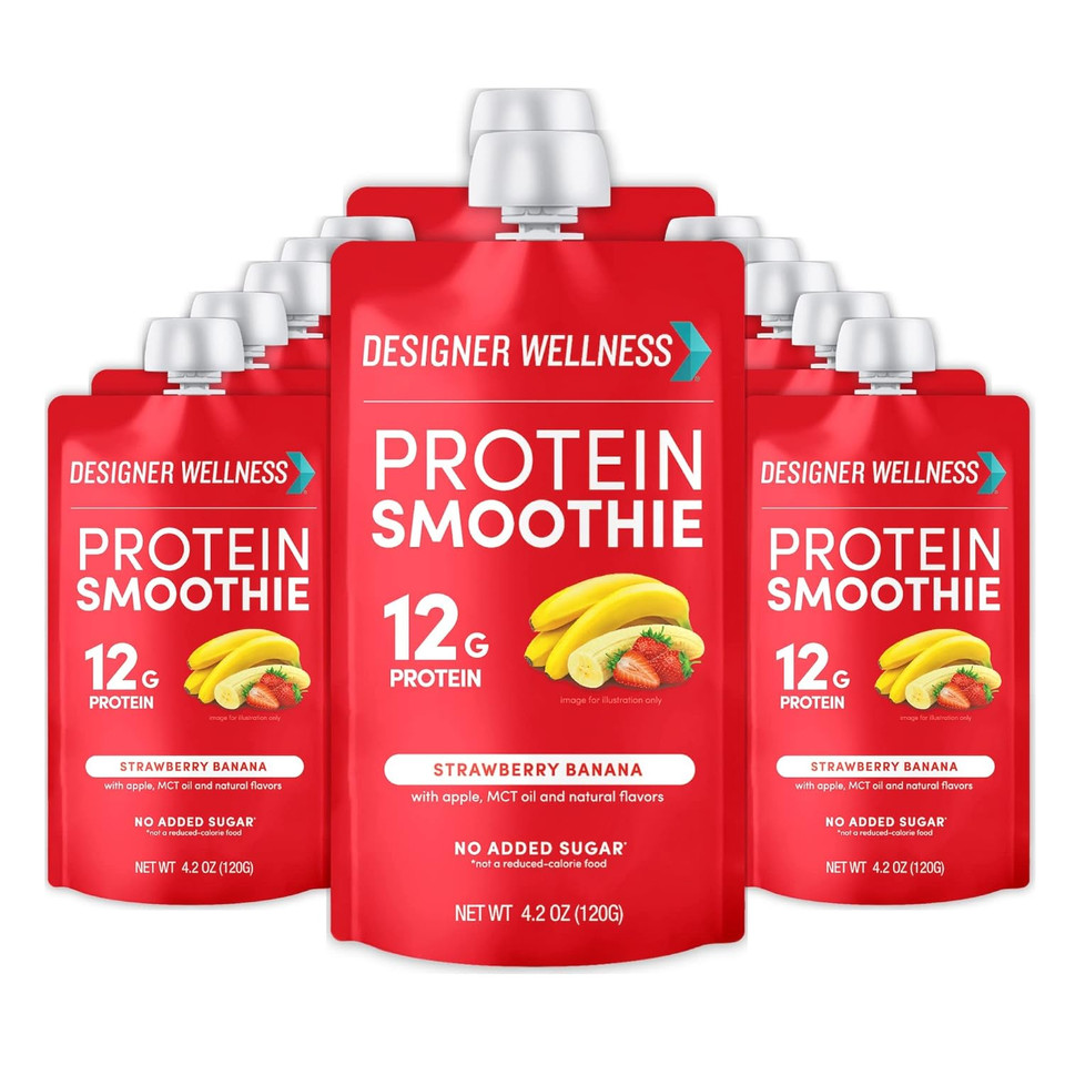Designer Wellness Protein Smoothie, Real Fruit, 12G Protein, Low Carb, Zero Added Sugar, Gluten-Free, Non-Gmo, No Artificial Colors Or Flavors, Strawberry Banana, 12 Count4.20 Fl Oz (Pack Of 12)