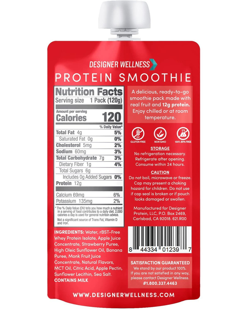 Designer Wellness Protein Smoothie, Real Fruit, 12G Protein, Low Carb, Zero Added Sugar, Gluten-Free, Non-Gmo, No Artificial Colors Or Flavors, Strawberry Banana, 12 Count4.20 Fl Oz (Pack Of 12)