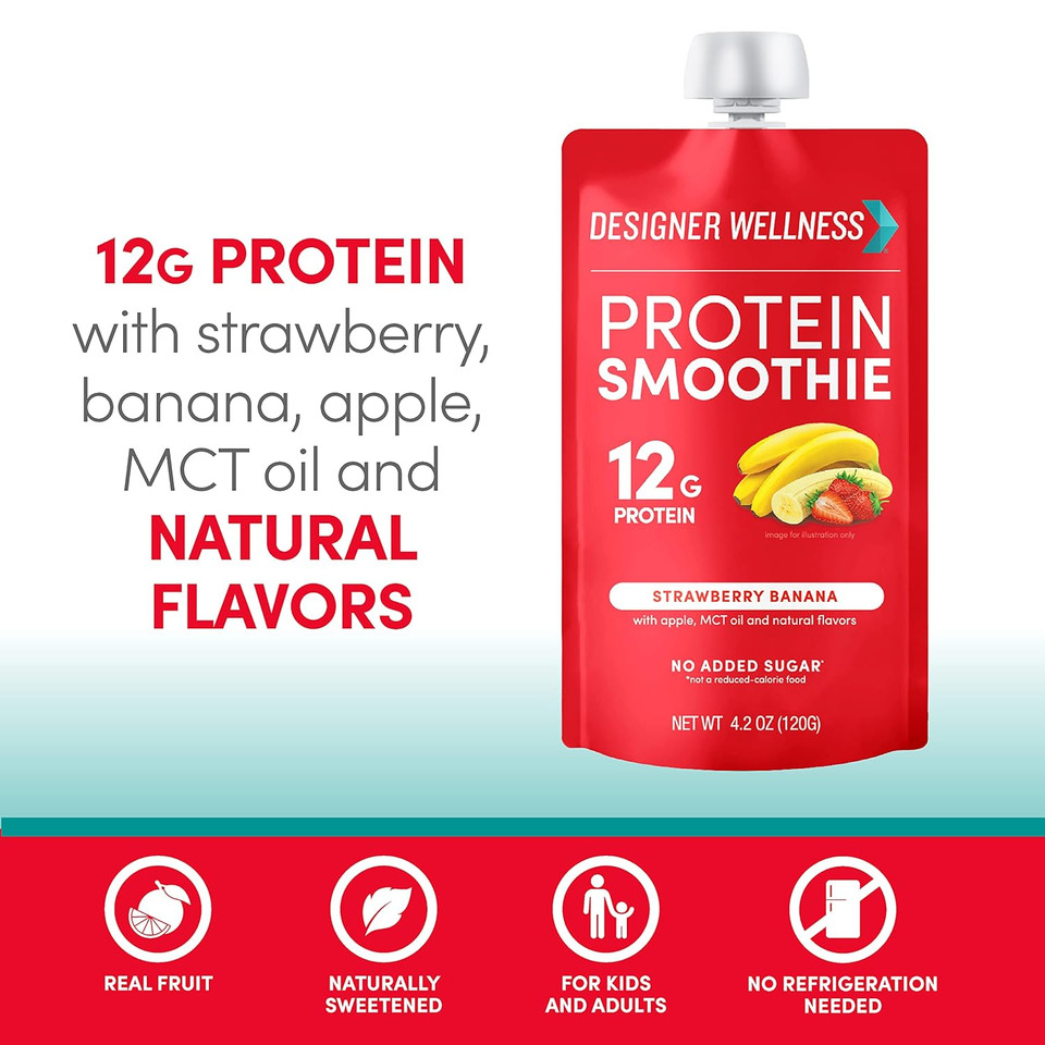 Designer Wellness Protein Smoothie, Real Fruit, 12G Protein, Low Carb, Zero Added Sugar, Gluten-Free, Non-Gmo, No Artificial Colors Or Flavors, Strawberry Banana, 12 Count4.20 Fl Oz (Pack Of 12)
