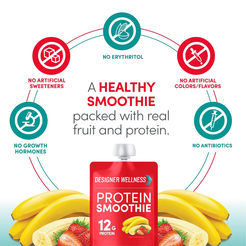 Designer Wellness Protein Smoothie, Real Fruit, 12G Protein, Low Carb, Zero Added Sugar, Gluten-Free, Non-Gmo, No Artificial Colors Or Flavors, Strawberry Banana, 12 Count4.20 Fl Oz (Pack Of 12)