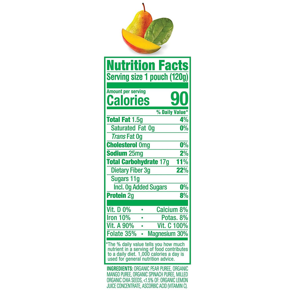 Happy Tot Organics Super Foods Stage 4, Pears, Mangos And Spinach + Super Chia, 4.22 Ounce Pouch (Pack Of 8)