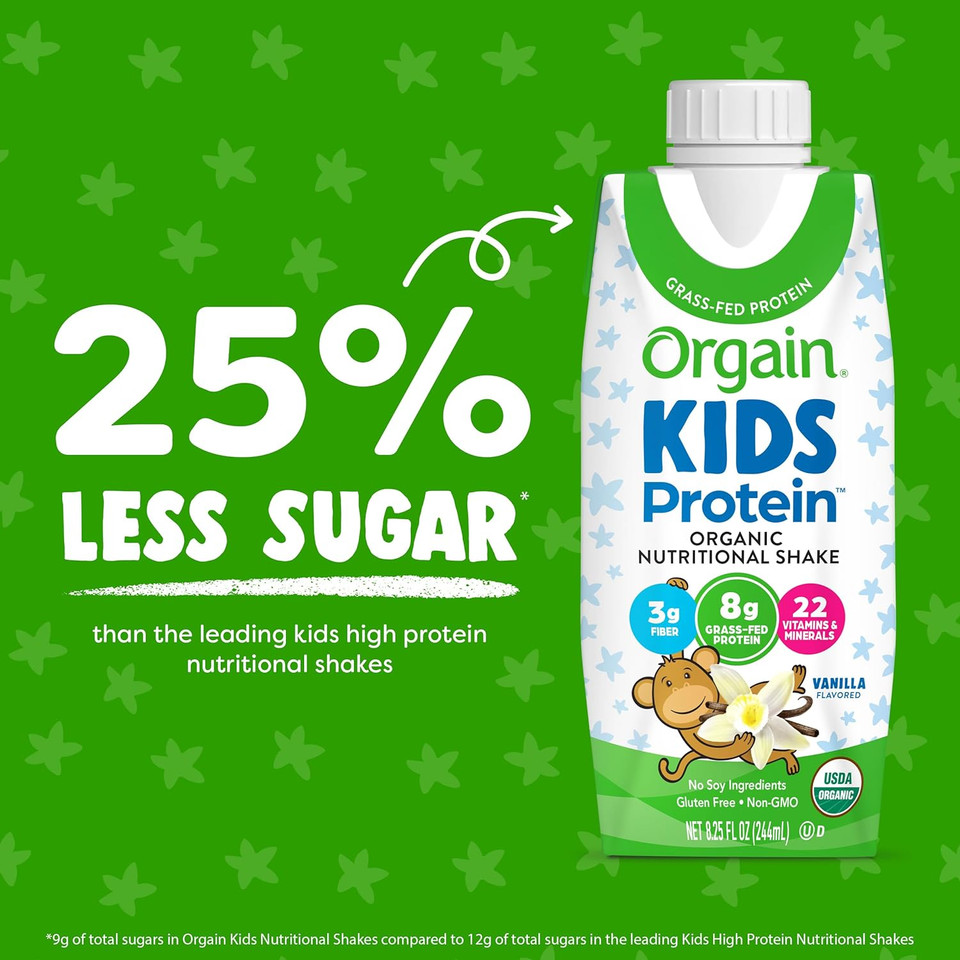 Orgain Organic Kids Nutritional Protein Shake, Vanilla - Kids Snacks With 8G Dairy Protein, 22 Vitamins & Minerals, Fruits & Vegetables, Gluten Free, Packaging May Vary, 8.25 Fl Oz (Pack Of 4)Pack Of 4